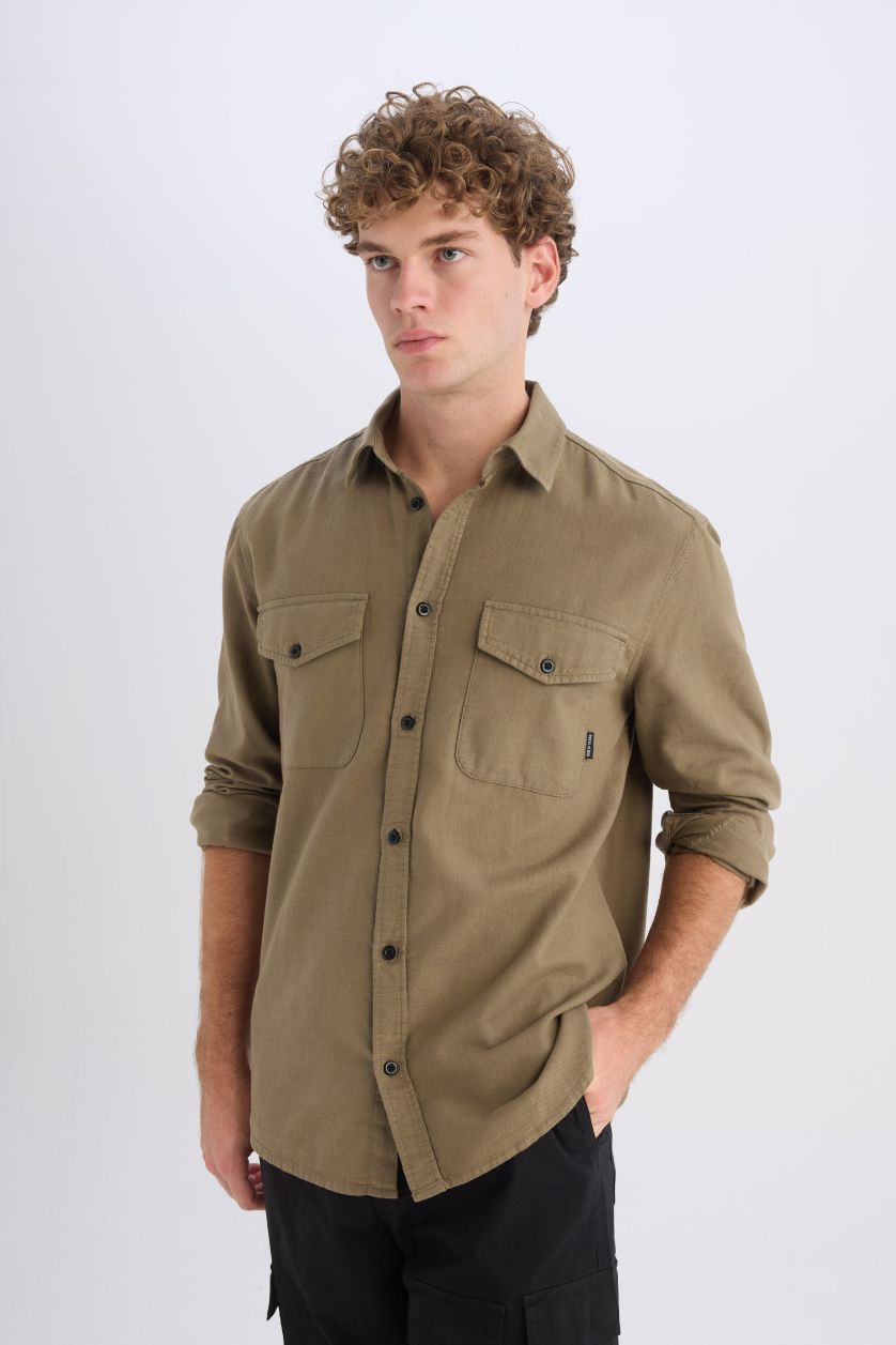 Erkek Haki %100 Pamuk Regular Fit Polo Yaka Basic Düz Uzun Kollu Gömlek