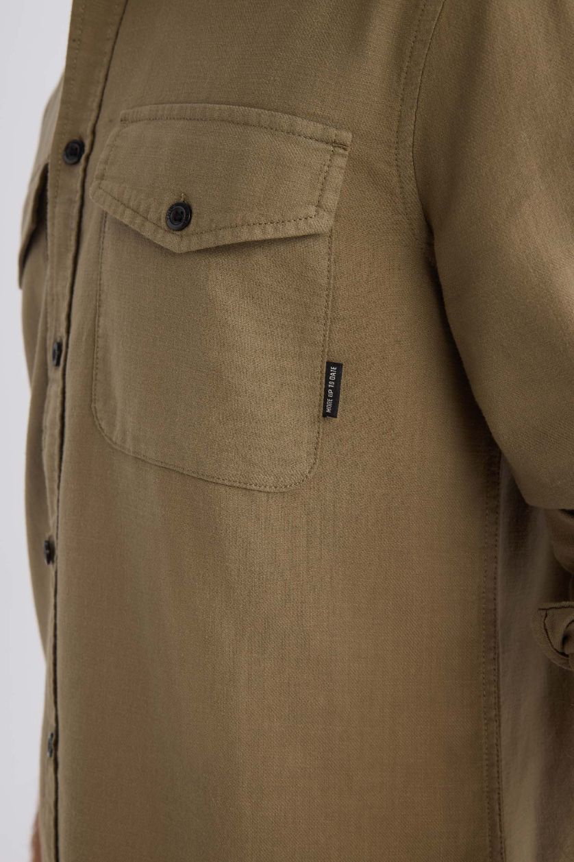 Erkek Haki %100 Pamuk Regular Fit Polo Yaka Basic Düz Uzun Kollu Gömlek