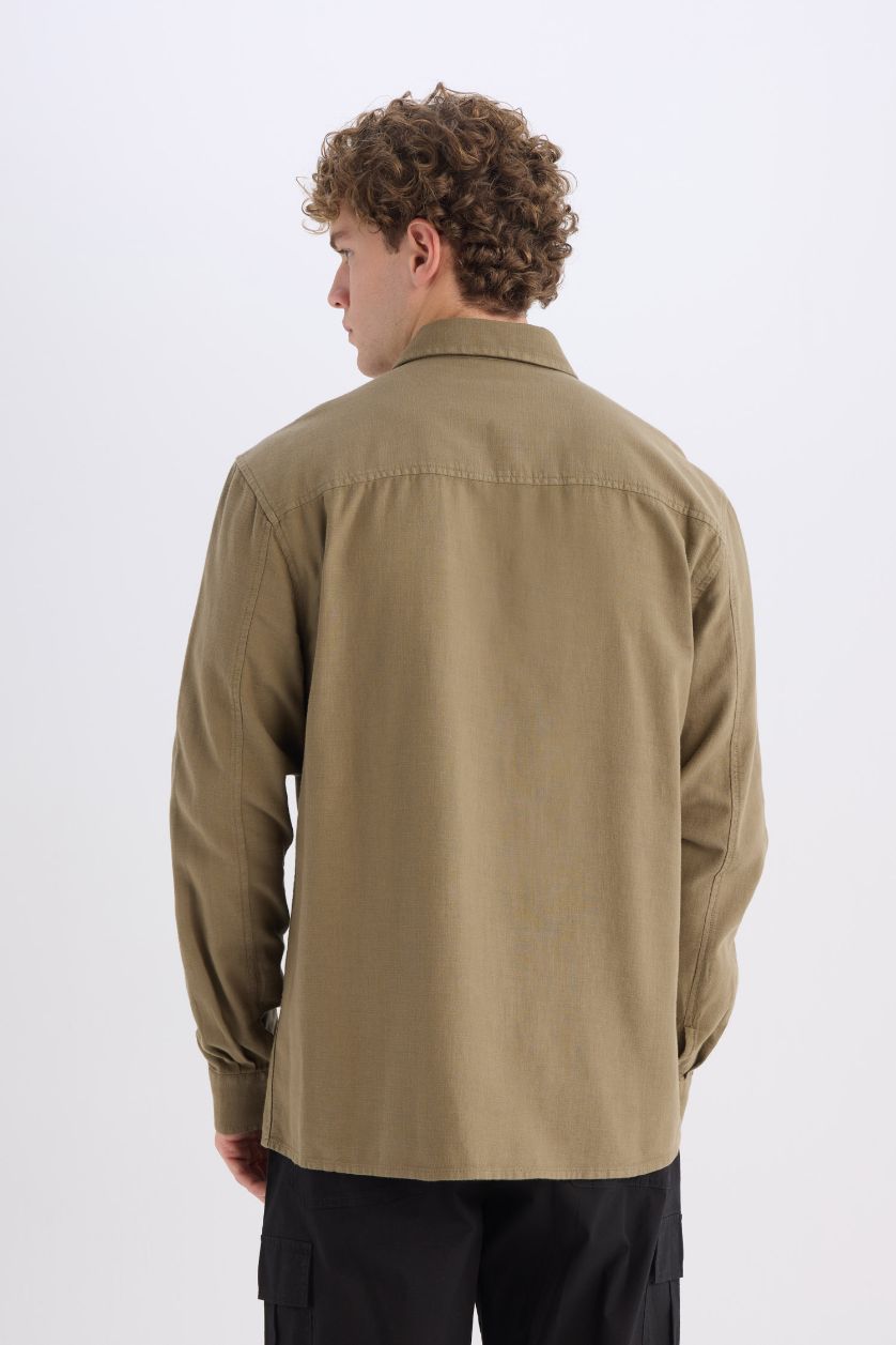 Erkek Haki %100 Pamuk Regular Fit Polo Yaka Basic Düz Uzun Kollu Gömlek