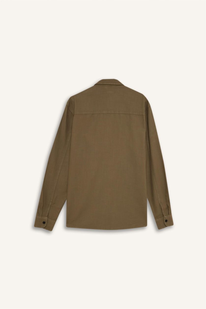 Erkek Haki %100 Pamuk Regular Fit Polo Yaka Basic Düz Uzun Kollu Gömlek