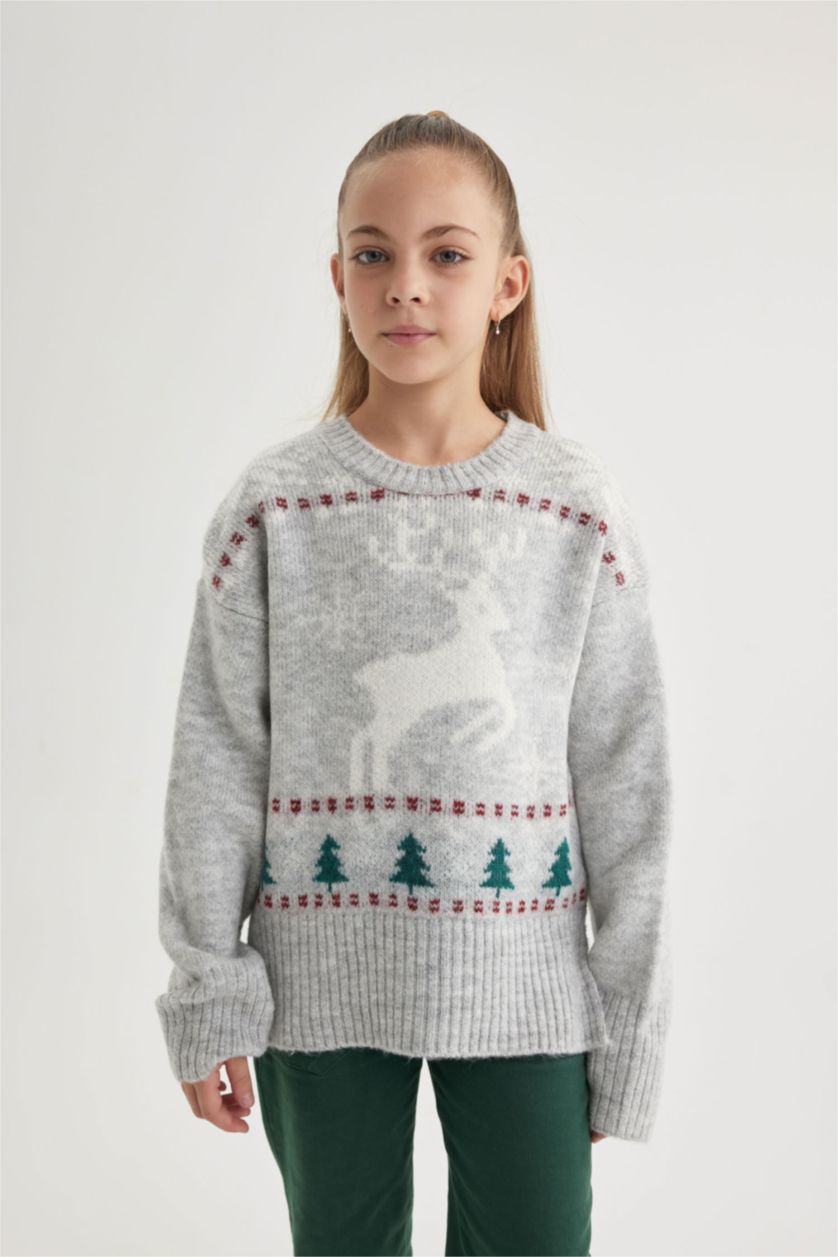 Kız Çocuk - Genç Kız Açık Gri Melange Kız Çocuk Yılbaşı Temalı Bisiklet Yaka Triko Kazak