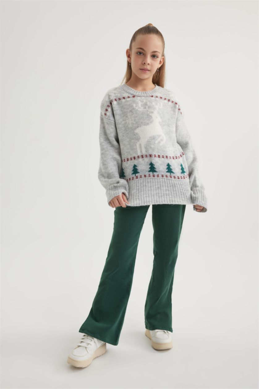 Kız Çocuk - Genç Kız Açık Gri Melange Kız Çocuk Yılbaşı Temalı Bisiklet Yaka Triko Kazak