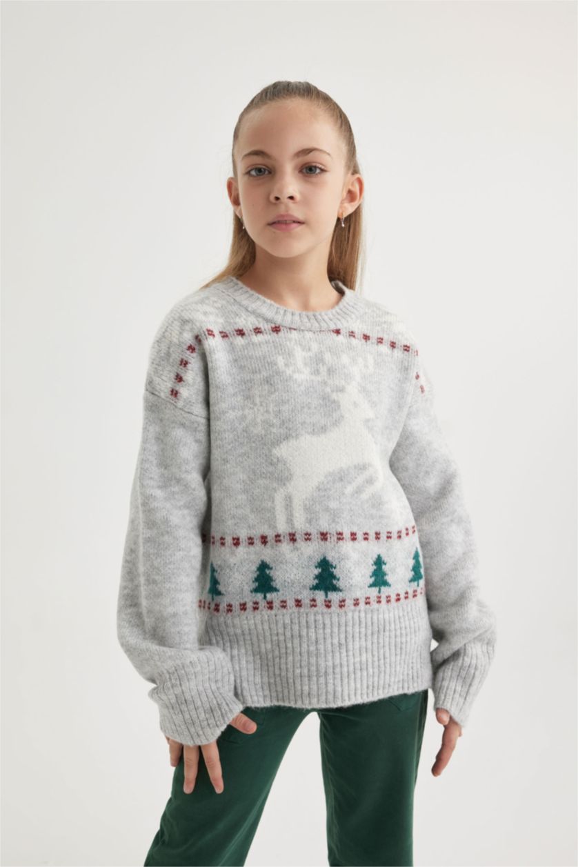 Kız Çocuk - Genç Kız Açık Gri Melange Kız Çocuk Yılbaşı Temalı Bisiklet Yaka Triko Kazak