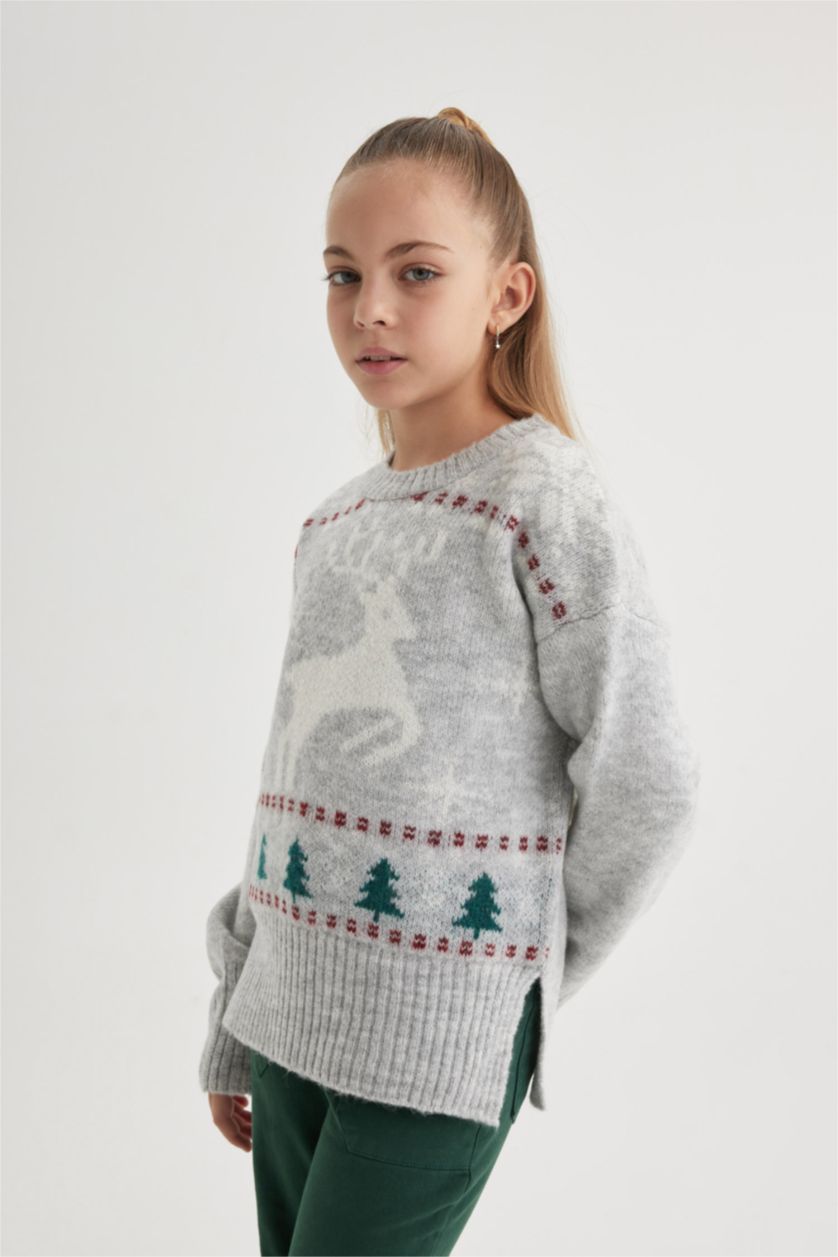 Kız Çocuk - Genç Kız Açık Gri Melange Kız Çocuk Yılbaşı Temalı Bisiklet Yaka Triko Kazak