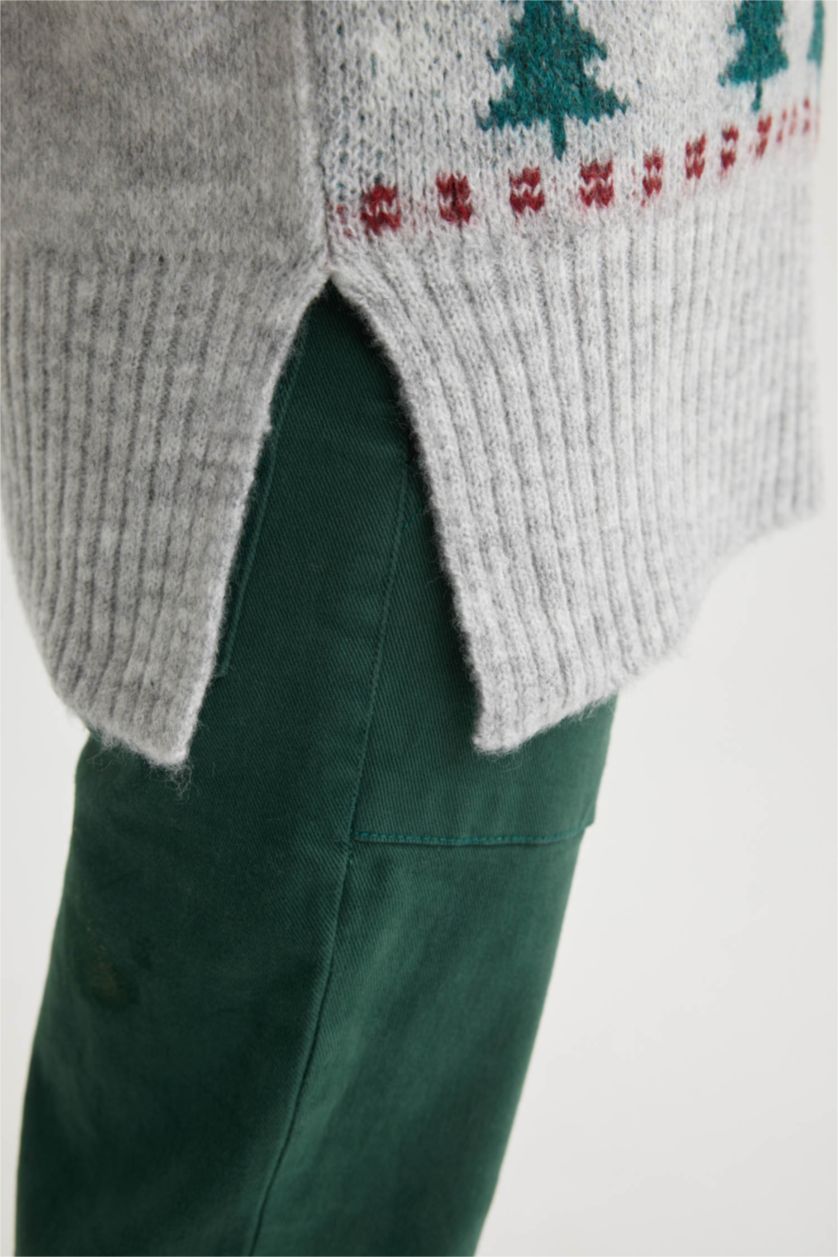 Kız Çocuk - Genç Kız Açık Gri Melange Kız Çocuk Yılbaşı Temalı Bisiklet Yaka Triko Kazak