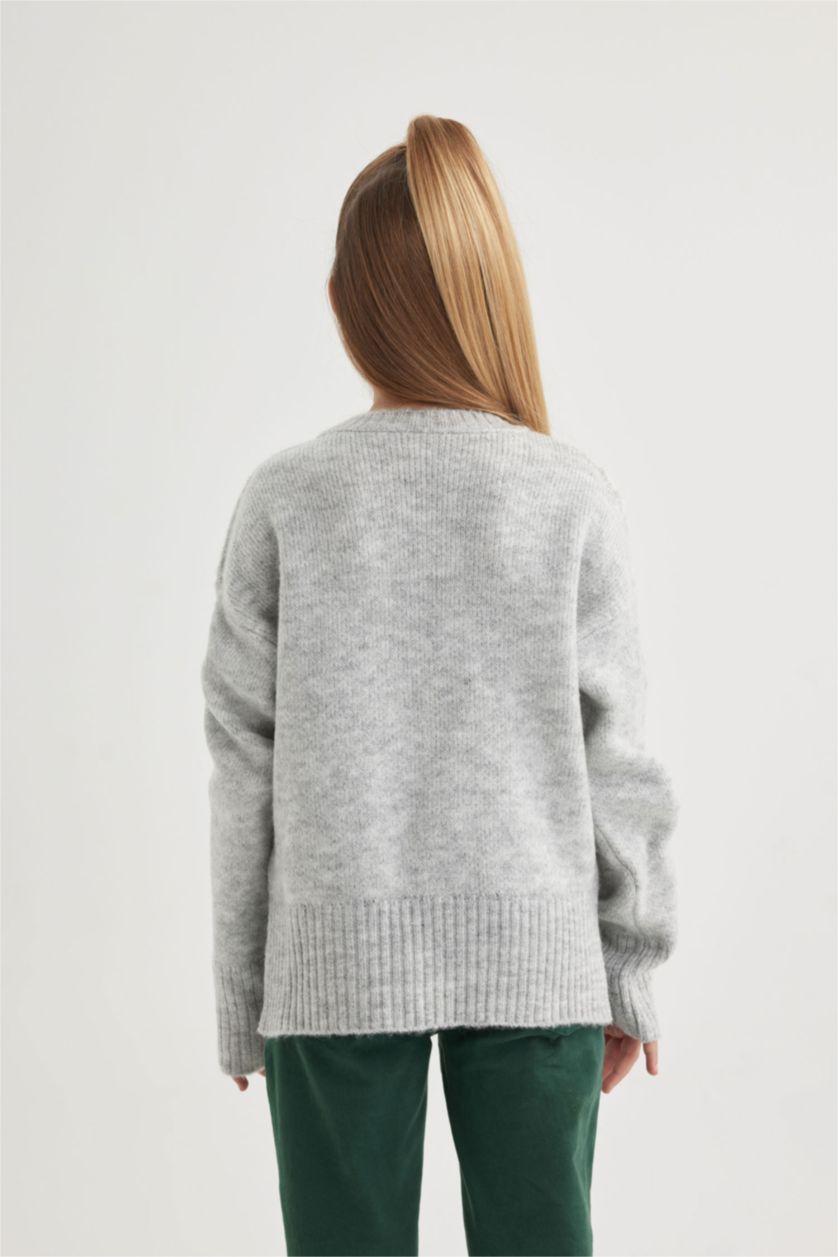 Kız Çocuk - Genç Kız Açık Gri Melange Kız Çocuk Yılbaşı Temalı Bisiklet Yaka Triko Kazak