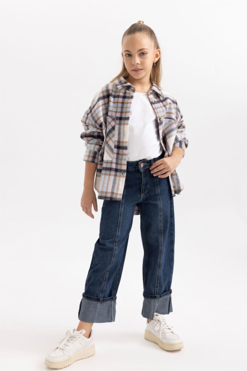 بناتي أزرق غامق بنطلون بناتي وايد ليج بحافة مطوية