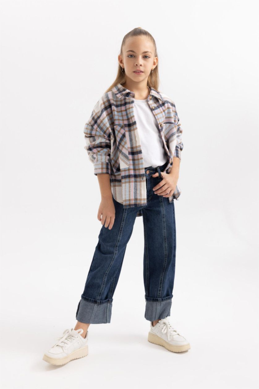 بناتي أزرق غامق بنطلون بناتي وايد ليج بحافة مطوية