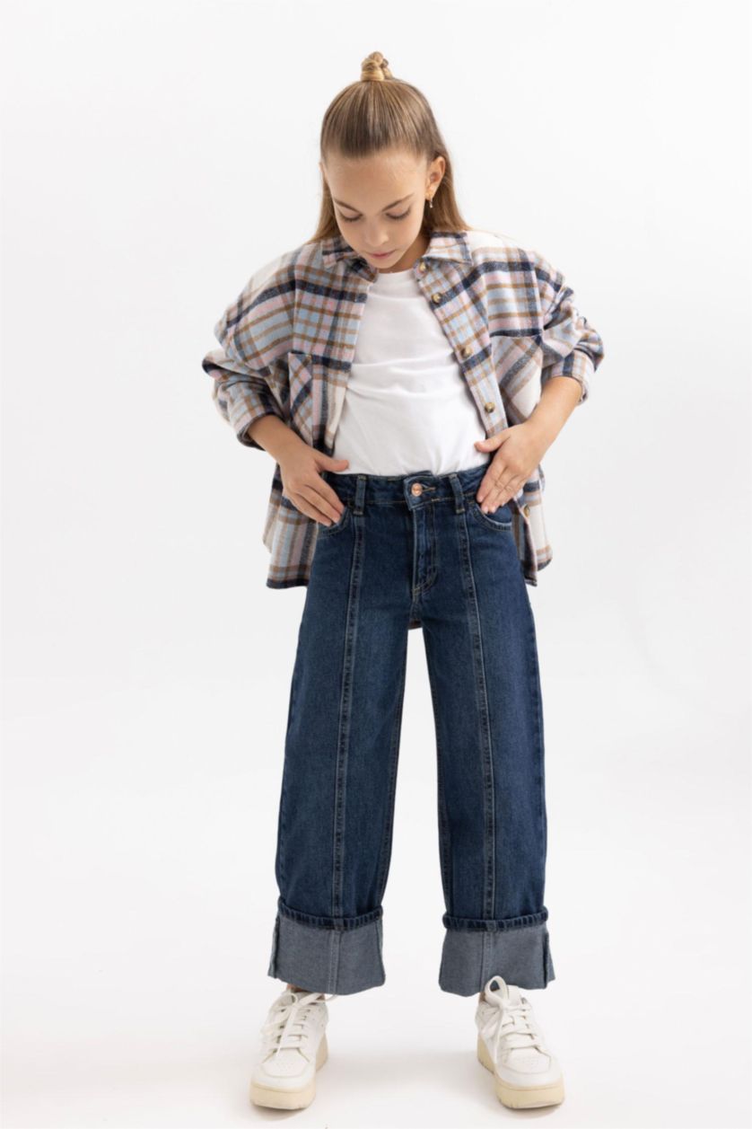 بناتي أزرق غامق بنطلون بناتي وايد ليج بحافة مطوية