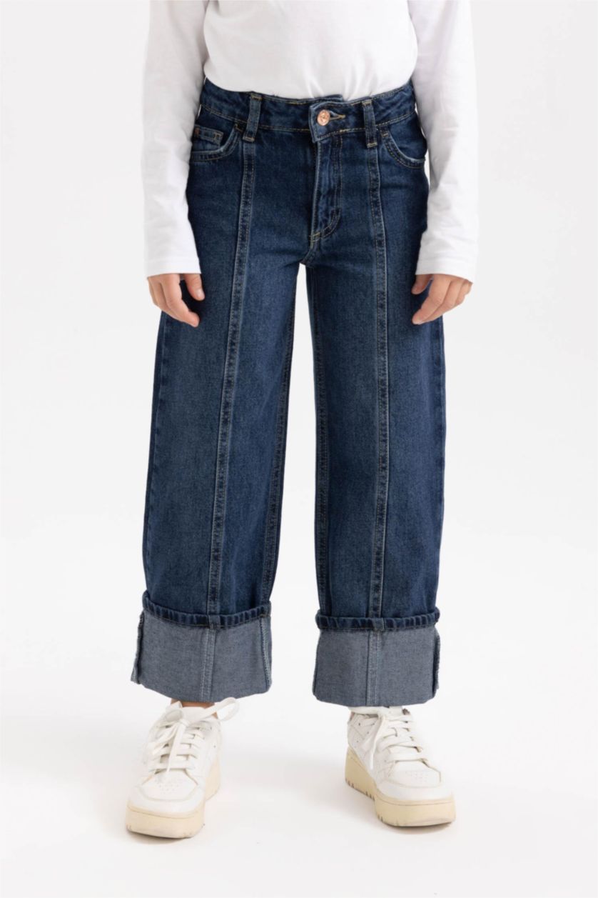 بناتي أزرق غامق بنطلون بناتي وايد ليج بحافة مطوية