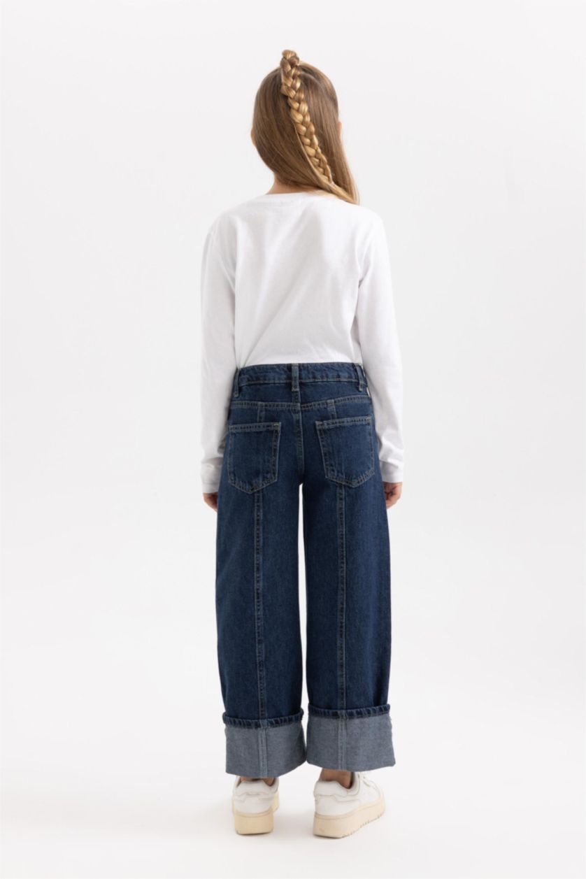 بناتي أزرق غامق بنطلون بناتي وايد ليج بحافة مطوية