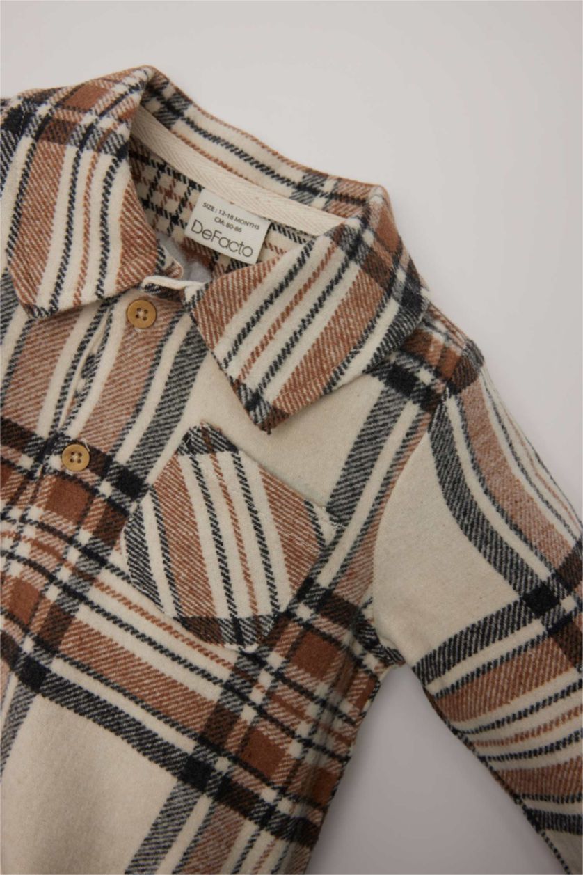 Erkek Bebek Kum Erkek Bebek Yenidoğan Gömlek Yaka Kareli Flanel Uzun Kollu Çıtçıtlı Body