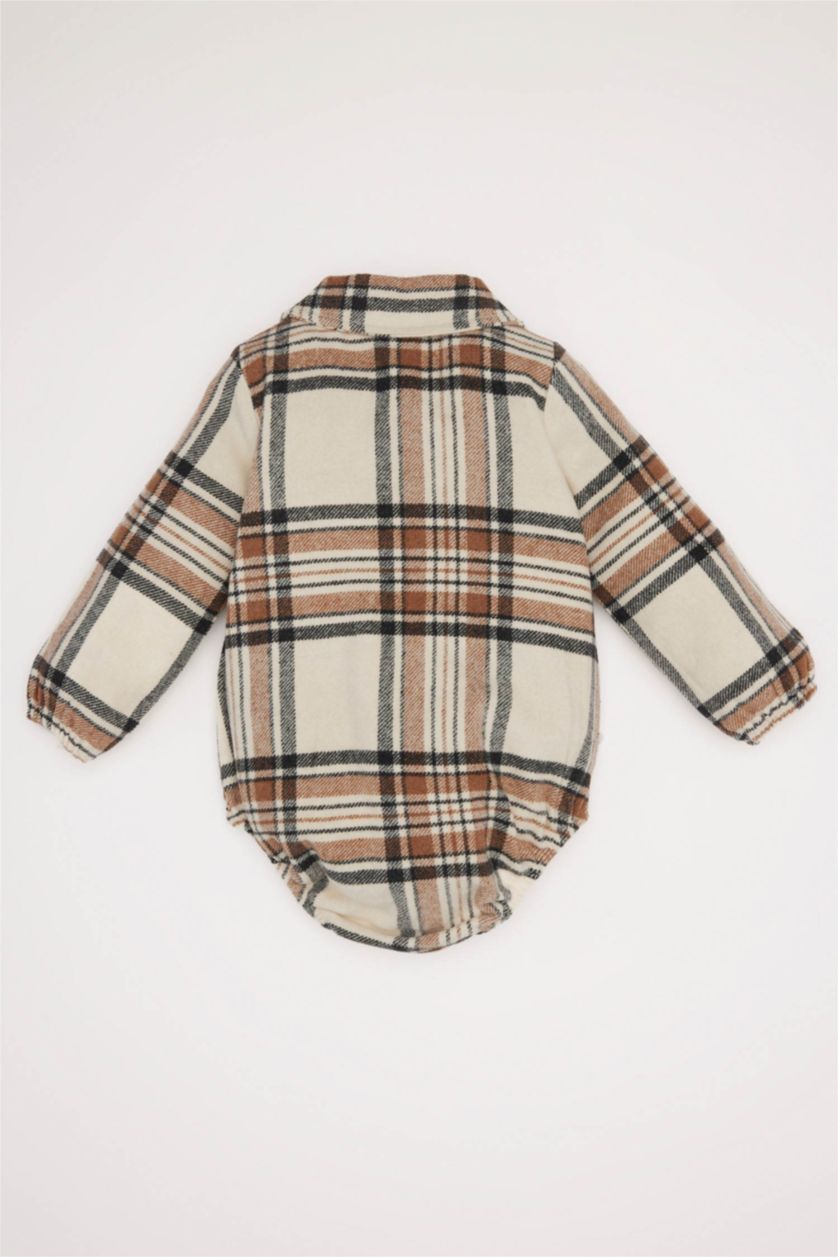 Erkek Bebek Kum Erkek Bebek Yenidoğan Gömlek Yaka Kareli Flanel Uzun Kollu Çıtçıtlı Body