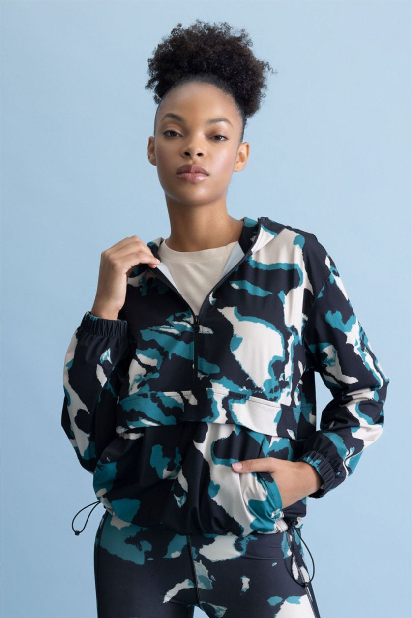 Kadın Siyah Loose Fit Kamuflaj Desenli Kapüşonlu Sporcu Sweatshirt