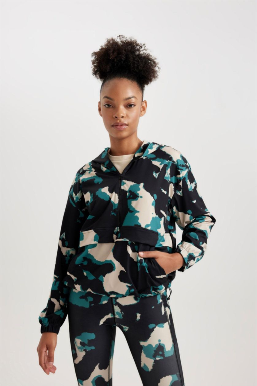 Kadın Siyah Loose Fit Kamuflaj Desenli Kapüşonlu Sporcu Sweatshirt