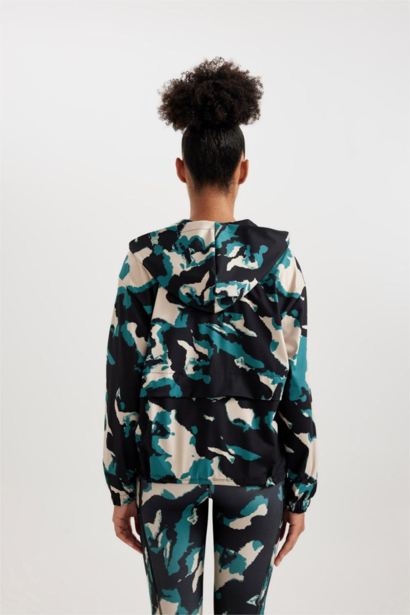 Kadın Siyah Loose Fit Kamuflaj Desenli Kapüşonlu Sporcu Sweatshirt