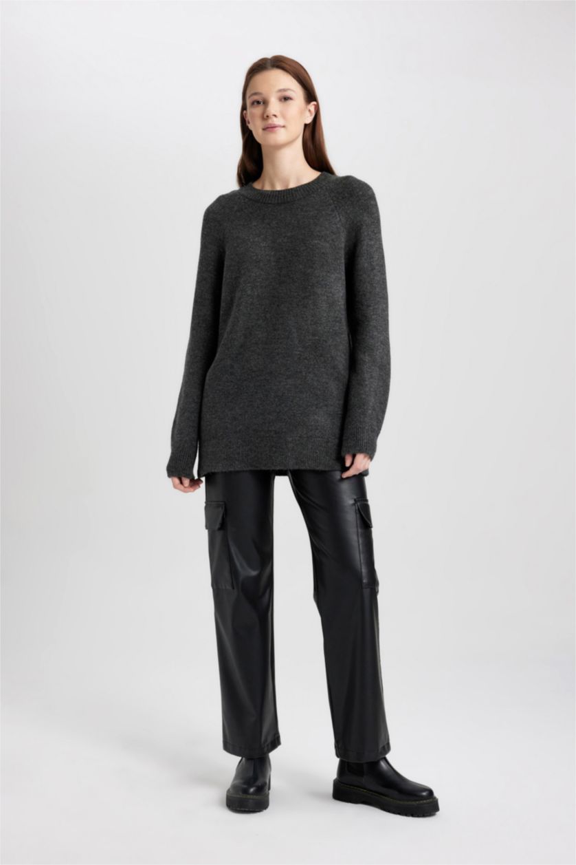 Kadın Antrasit Regular Fit Bisiklet Yaka Basic Düz Triko Kazak Tunik