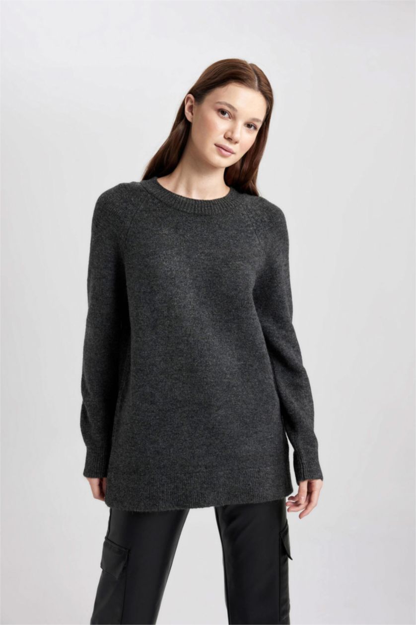 Kadın Antrasit Regular Fit Bisiklet Yaka Basic Düz Triko Kazak Tunik