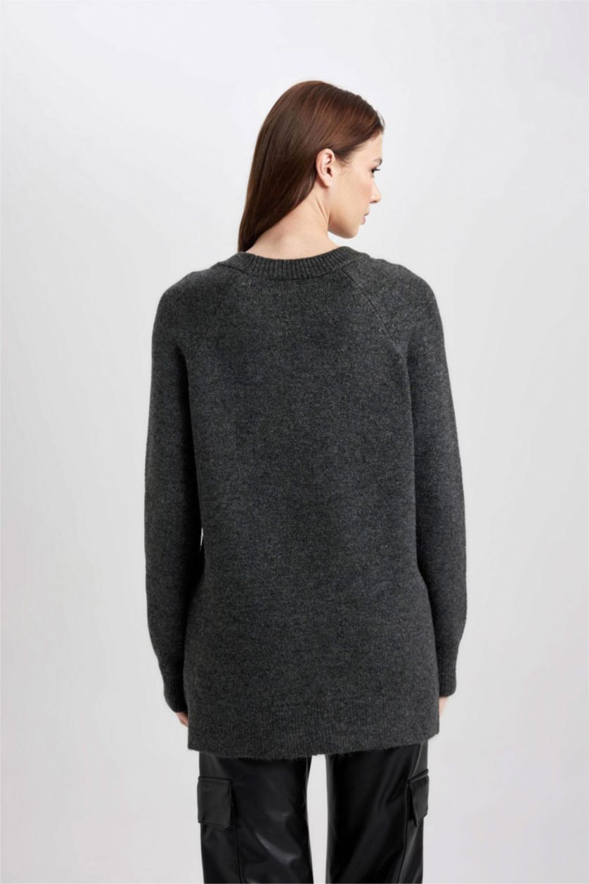 Kadın Antrasit Regular Fit Bisiklet Yaka Basic Düz Triko Kazak Tunik