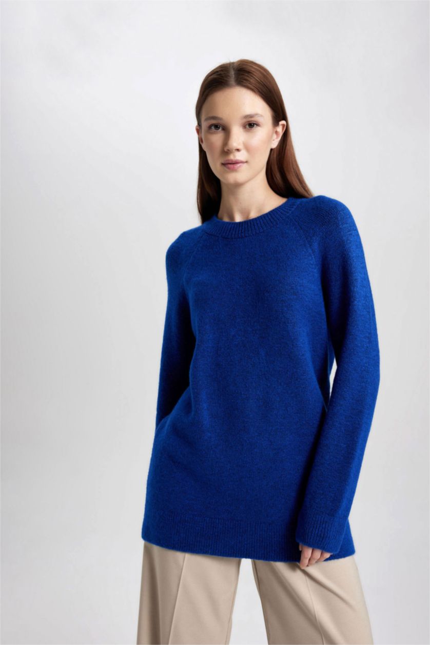 WOMAN Sax Regular Fit Crew Neck Basic Knitted Pullover Tunic