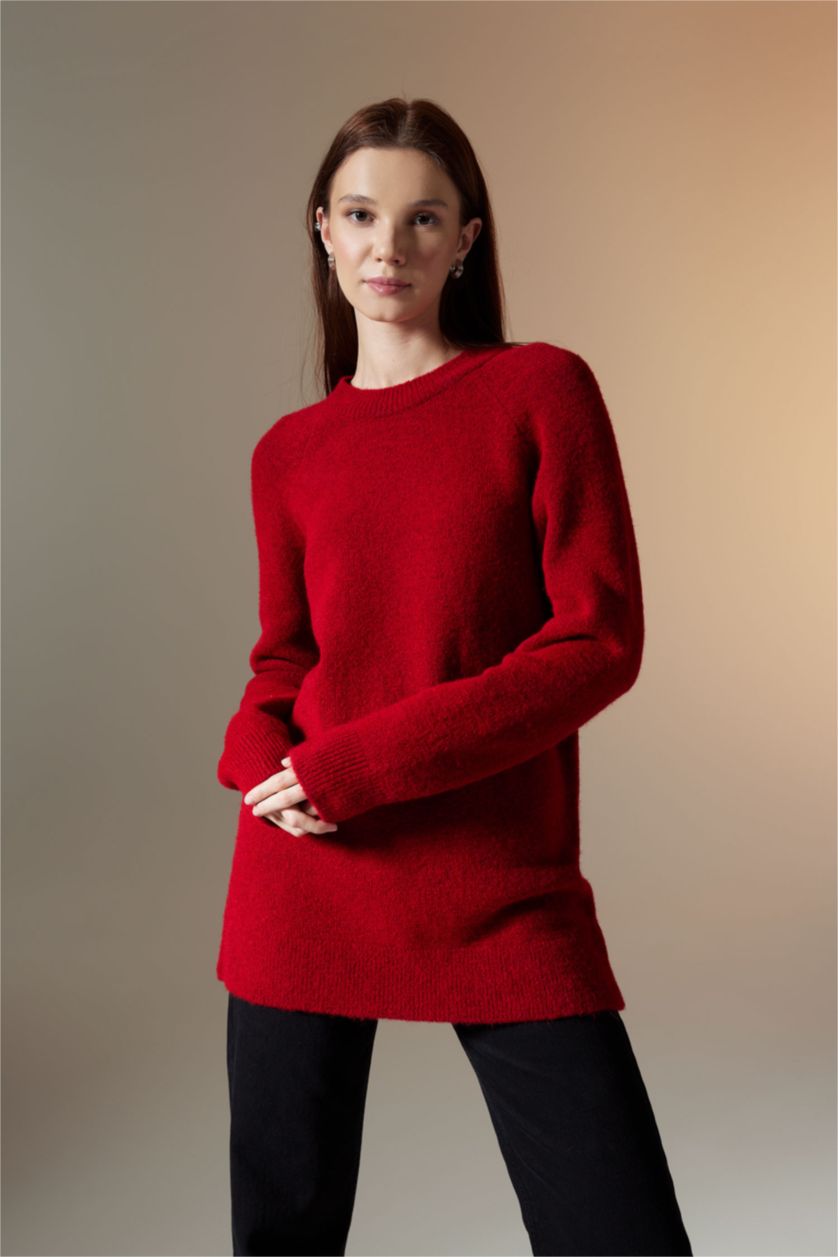 Kadın Kırmızı Regular Fit Bisiklet Yaka Basic Düz Kırmızı Triko Kazak Tunik