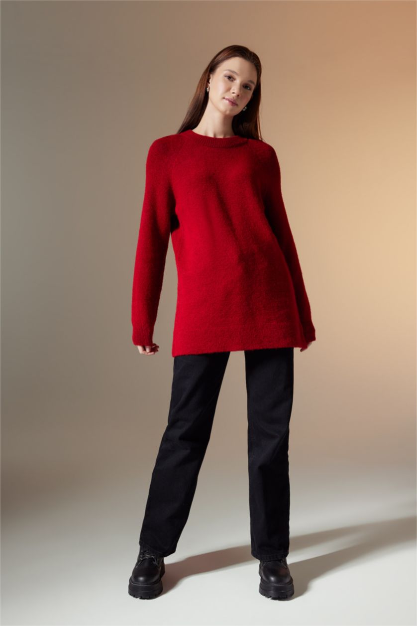 Kadın Kırmızı Regular Fit Bisiklet Yaka Basic Düz Kırmızı Triko Kazak Tunik