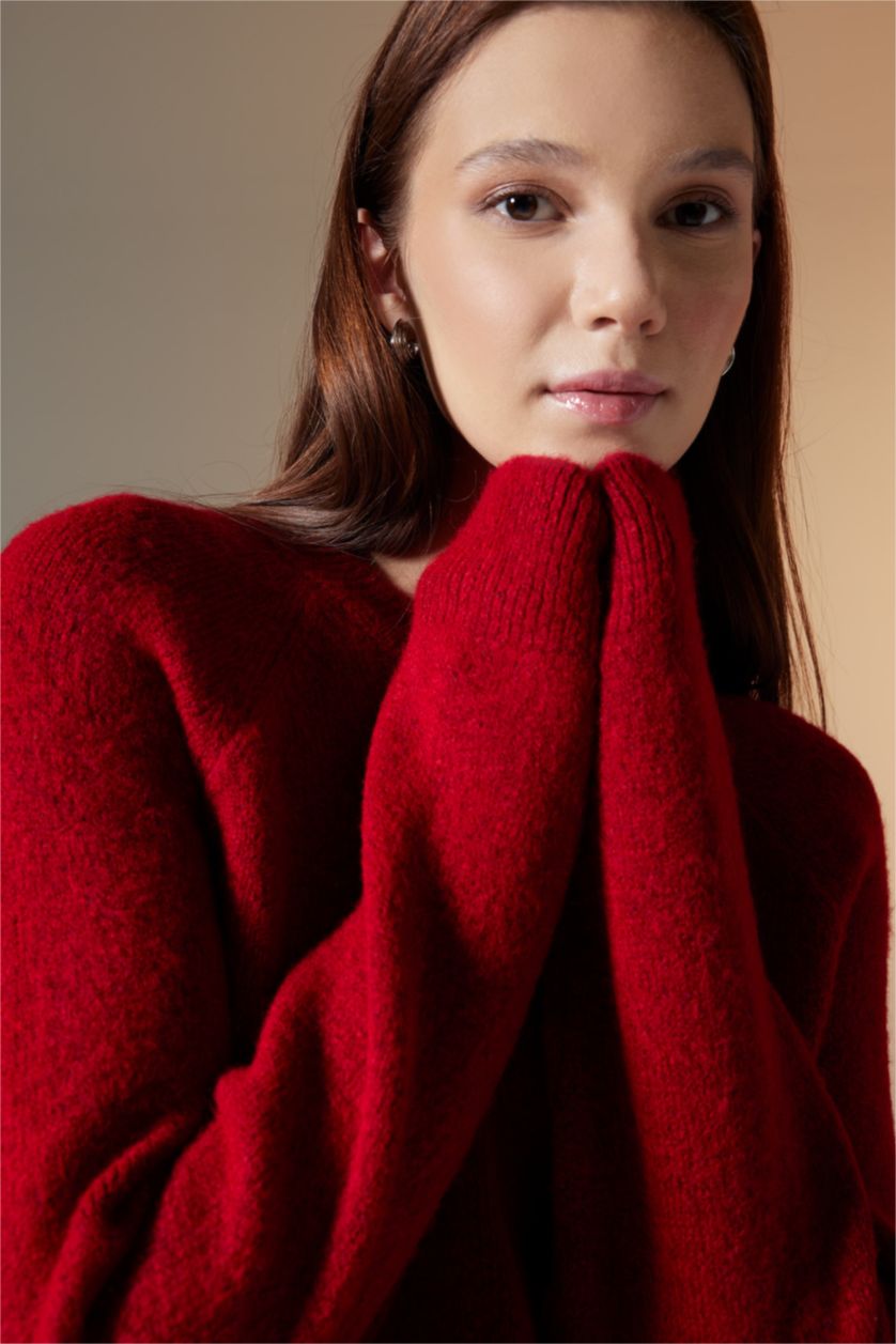 Kadın Kırmızı Regular Fit Bisiklet Yaka Basic Düz Kırmızı Triko Kazak Tunik