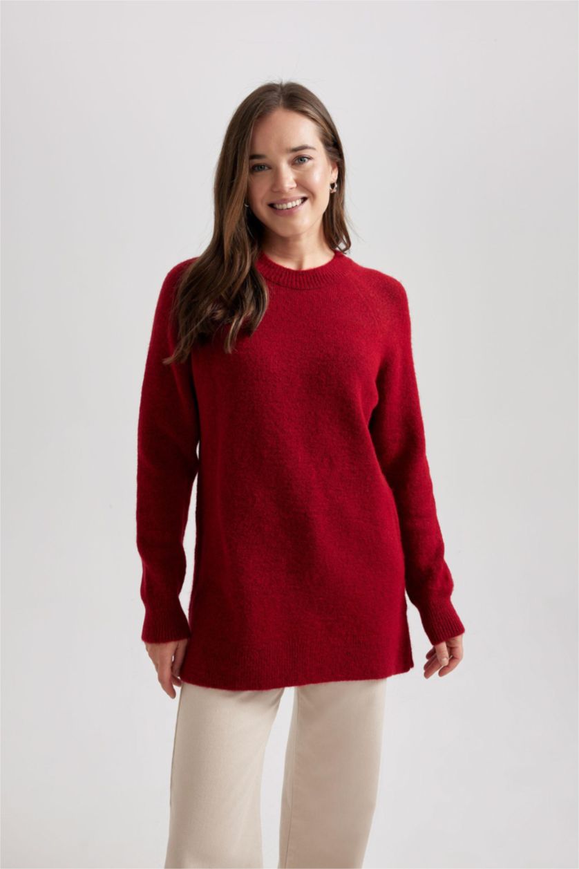 Kadın Kırmızı Regular Fit Bisiklet Yaka Basic Düz Kırmızı Triko Kazak Tunik