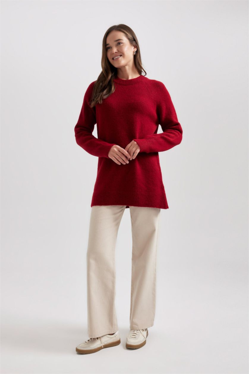 Kadın Kırmızı Regular Fit Bisiklet Yaka Basic Düz Kırmızı Triko Kazak Tunik