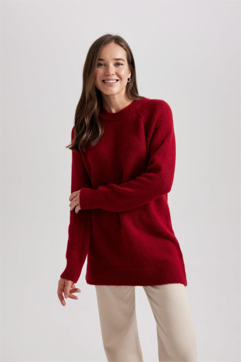 Kadın Kırmızı Regular Fit Bisiklet Yaka Basic Düz Kırmızı Triko Kazak Tunik