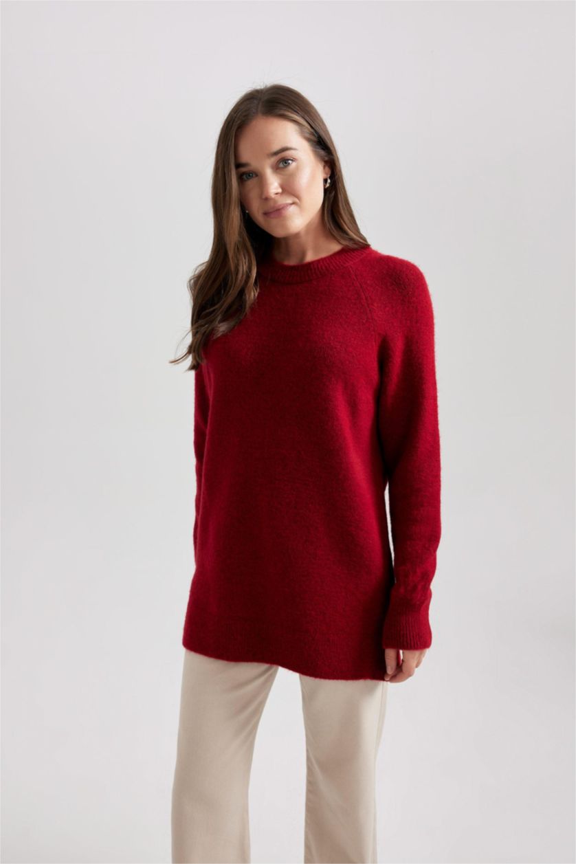 Kadın Kırmızı Regular Fit Bisiklet Yaka Basic Düz Kırmızı Triko Kazak Tunik