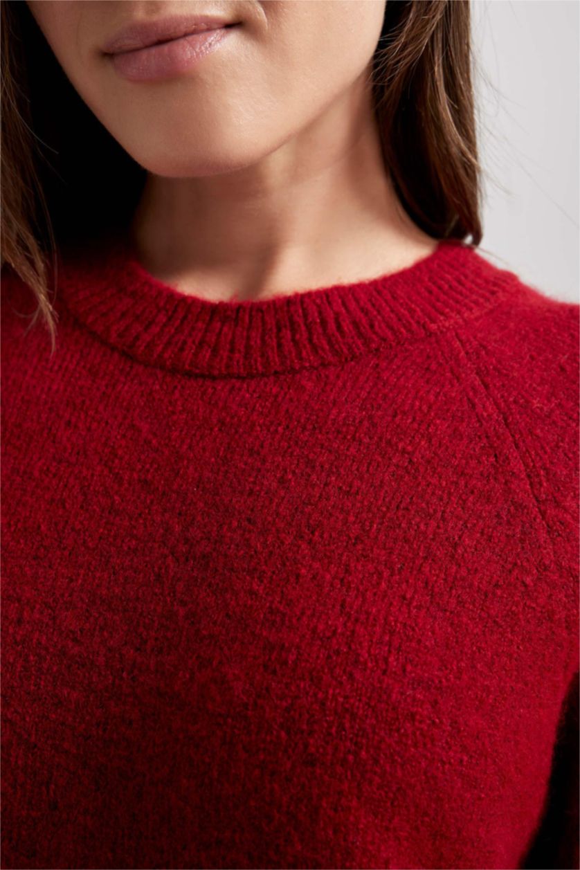 Kadın Kırmızı Regular Fit Bisiklet Yaka Basic Düz Kırmızı Triko Kazak Tunik