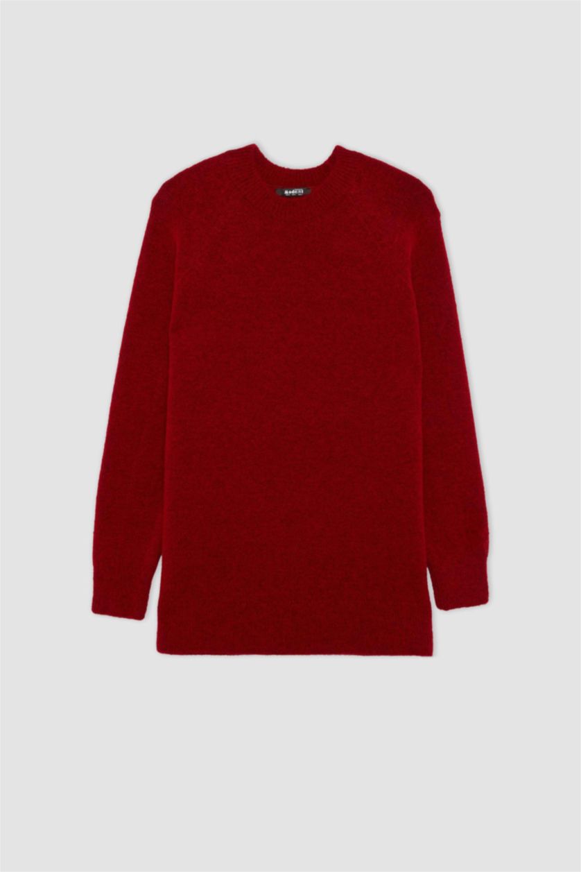 Kadın Kırmızı Regular Fit Bisiklet Yaka Basic Düz Kırmızı Triko Kazak Tunik