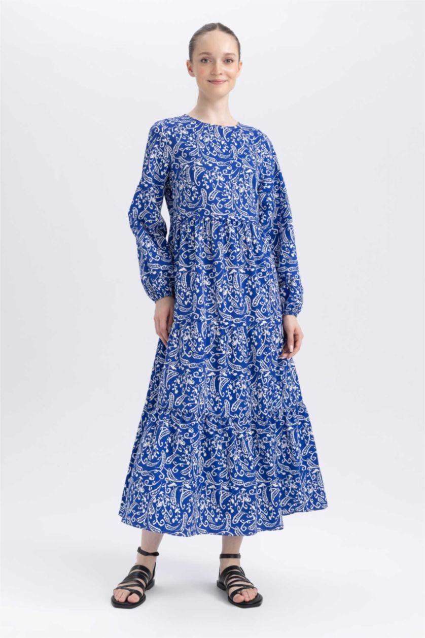 FEMME Bleu Robe Popeline Imprimé Col rond À Manches Longues