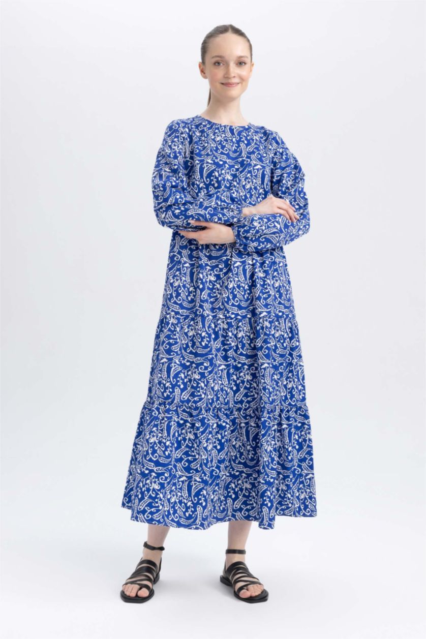 FEMME Bleu Robe Popeline Imprimé Col rond À Manches Longues