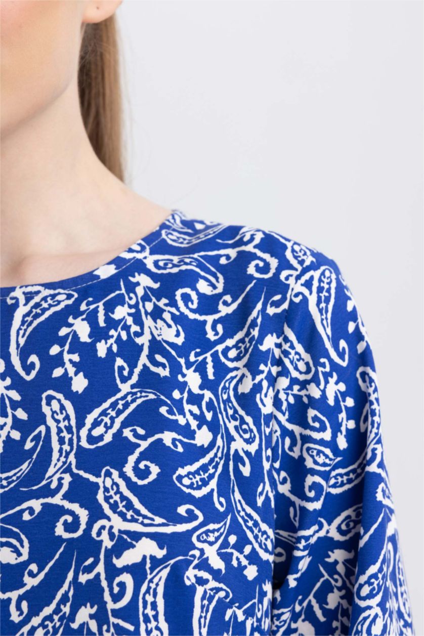 FEMME Bleu Robe Popeline Imprimé Col rond À Manches Longues