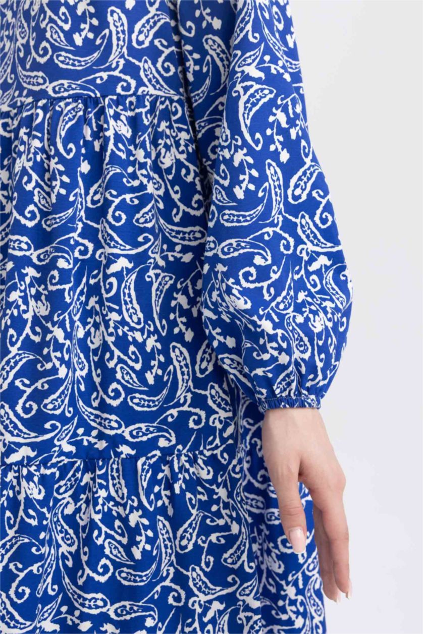 FEMME Bleu Robe Popeline Imprimé Col rond À Manches Longues