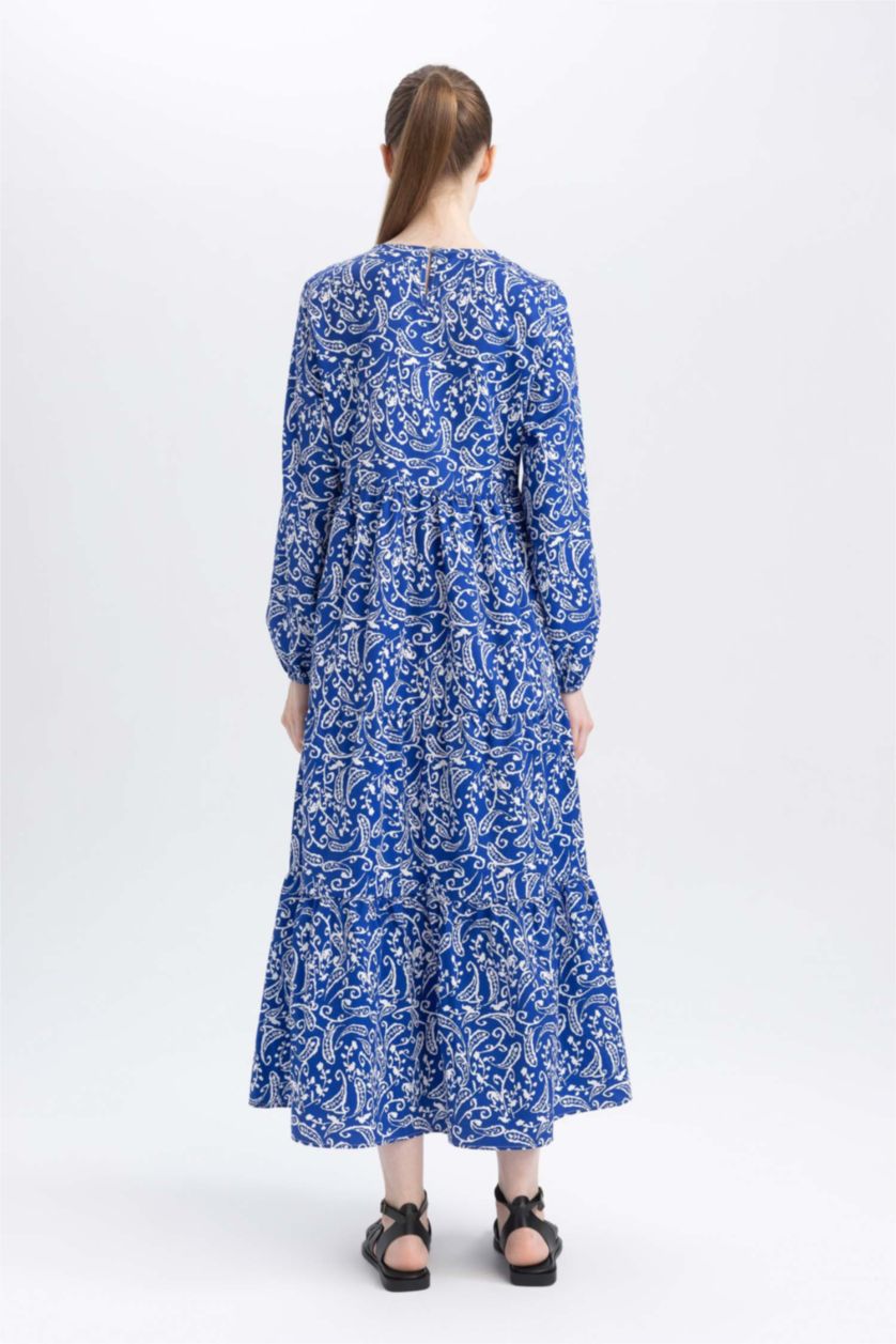 FEMME Bleu Robe Popeline Imprimé Col rond À Manches Longues