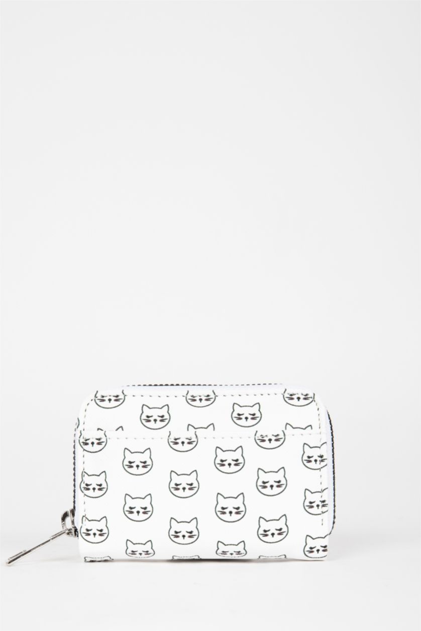 Kadın Beyaz Kadın Kedi Desenli Suni Deri Cüzdan