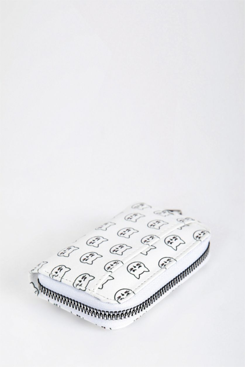 Kadın Beyaz Kadın Kedi Desenli Suni Deri Cüzdan