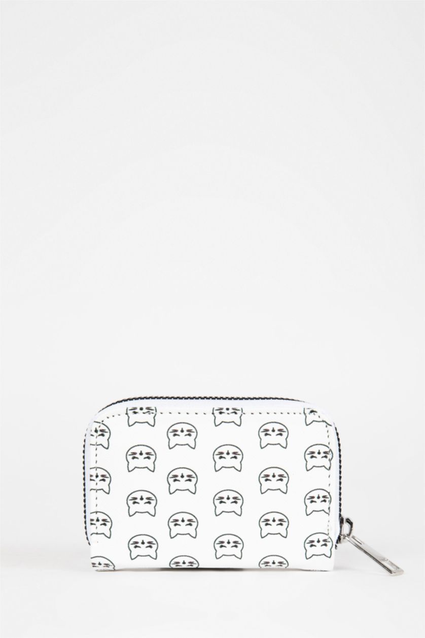 Kadın Beyaz Kadın Kedi Desenli Suni Deri Cüzdan