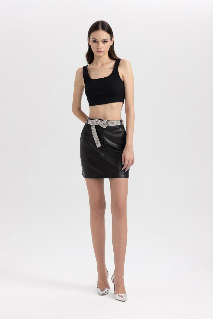 WOMAN Black A Cut Faux Leather Mini Skirt