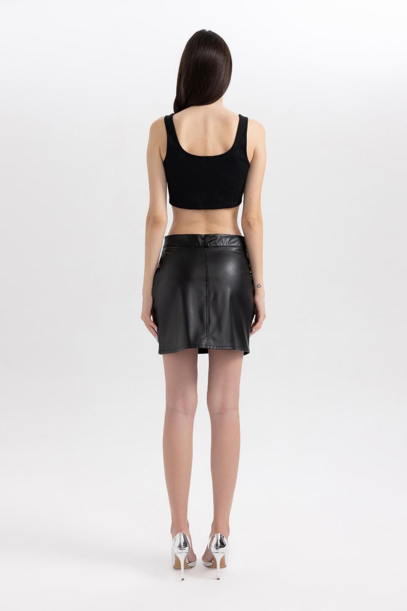 WOMAN Black A Cut Faux Leather Mini Skirt