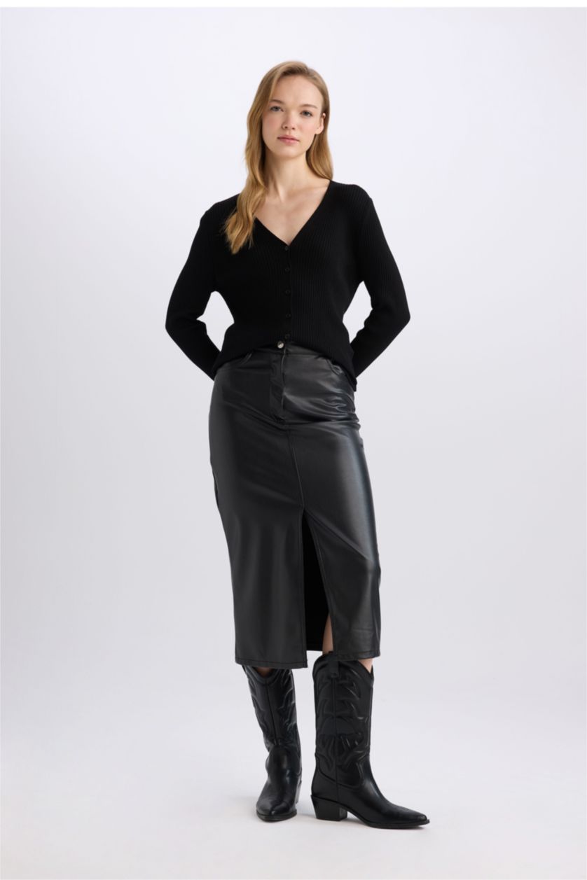 WOMAN Black Pencil Skirt Faux Leather Midi Knitted Skirt