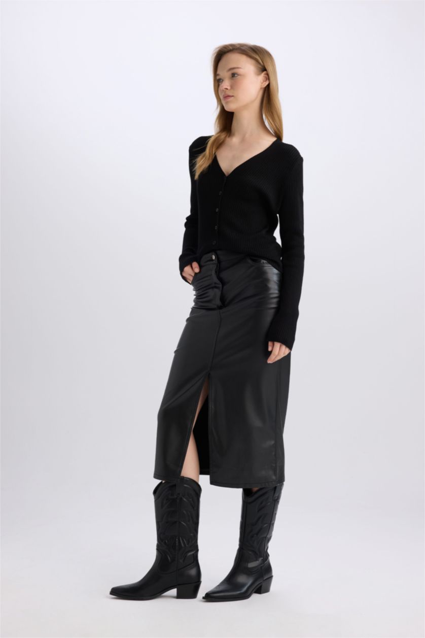 WOMAN Black Pencil Skirt Faux Leather Midi Knitted Skirt