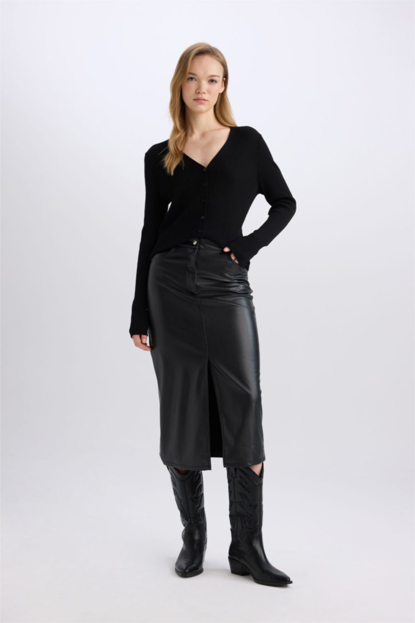 WOMAN Black Pencil Skirt Faux Leather Midi Knitted Skirt