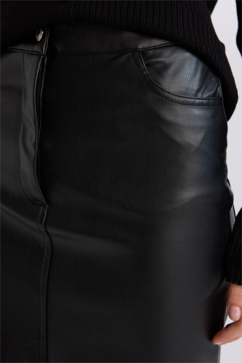 WOMAN Black Pencil Skirt Faux Leather Midi Knitted Skirt