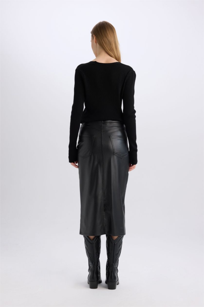 WOMAN Black Pencil Skirt Faux Leather Midi Knitted Skirt