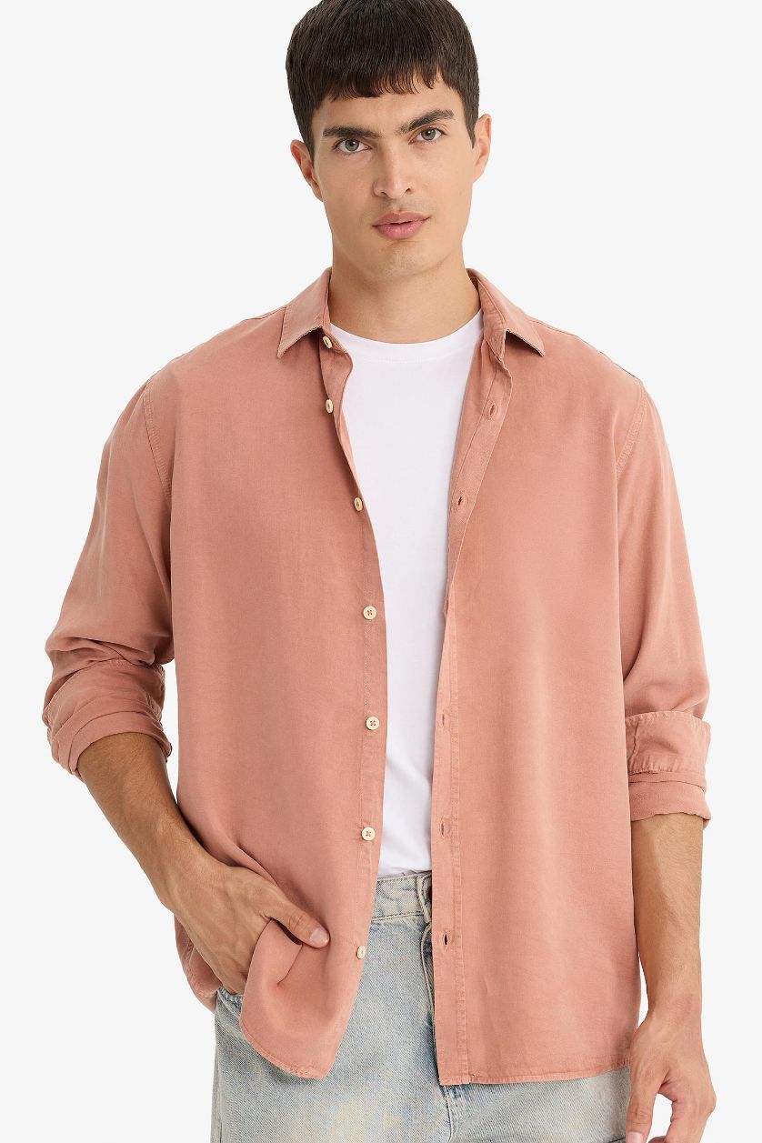 رجال وردي قميص قماش ايوسل قصة عادية