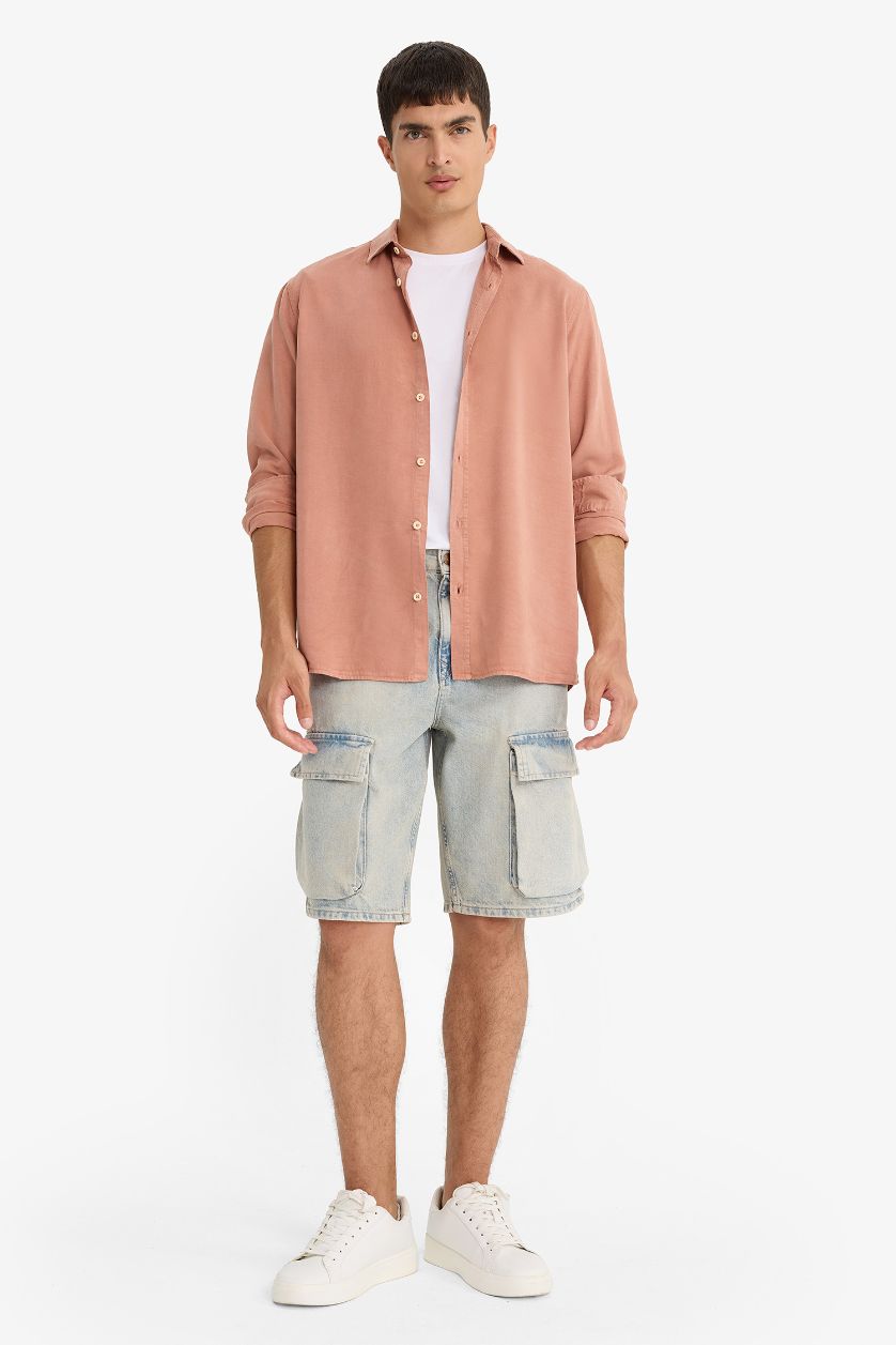 رجال وردي قميص قماش ايوسل قصة عادية